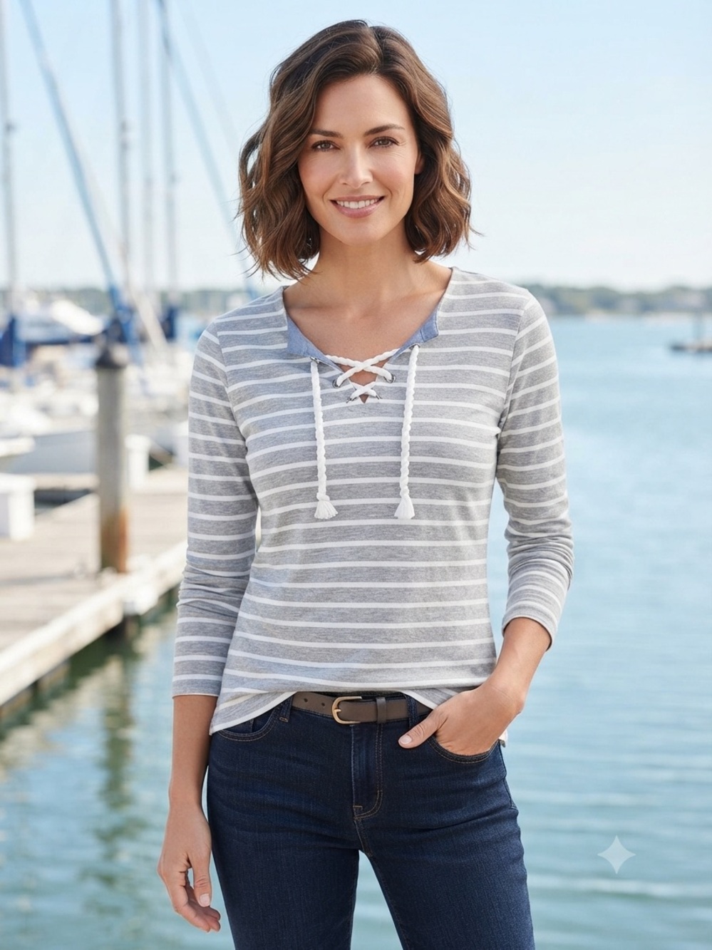 Nautica Gray and White Striped Lace-Up Long Sleeve Top